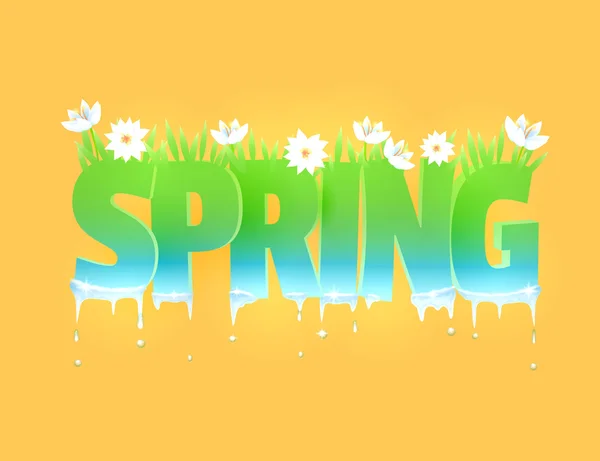 Spring word with flowers and grass. — Stock Vector