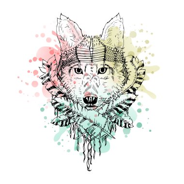 Siyah ve beyaz vahşi hayvan kurt kafası, soyut sanat, dövme, doodle cketch.