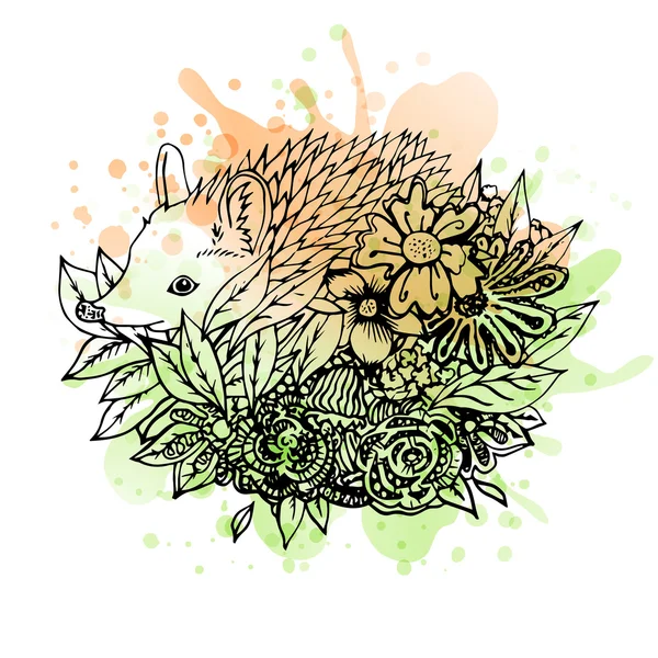 Black and white wild animal hedgehog, abstract art, tattoo, doodle cketch. — Stock Vector