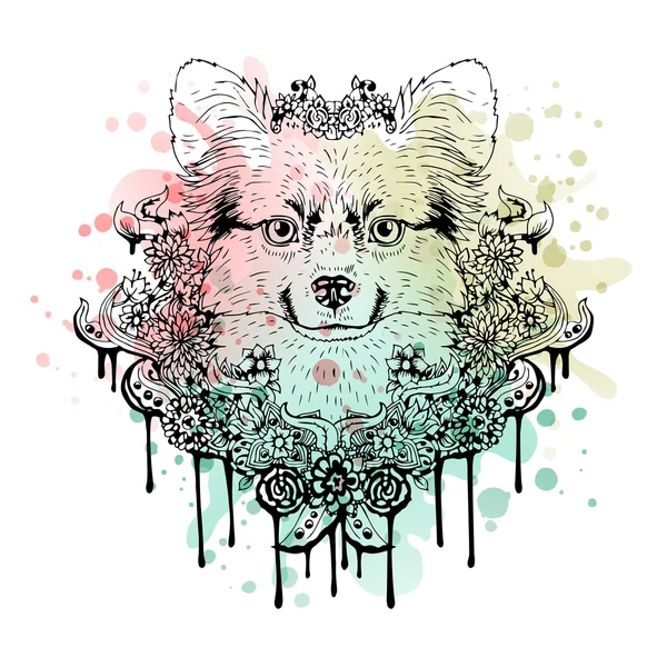 Zwart-wit dieren hond hoofd, abstracte kunst, tatoeage, doodle cketch. Aquarel achtergrond. — Stockvector