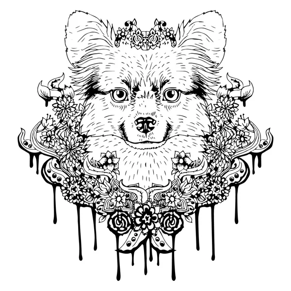 Zwart-wit dieren hond hoofd, abstracte kunst, tatoeage, doodle cketch. — Stockvector