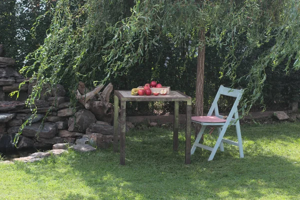 table with fruits and a chair under the tree in the garden