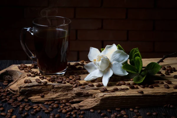 Cup Coffee Rustic Wood Coffee Grain — Zdjęcie stockowe