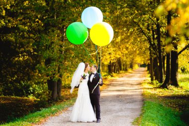 Balonlu bankta gelin ve damat öpüşme