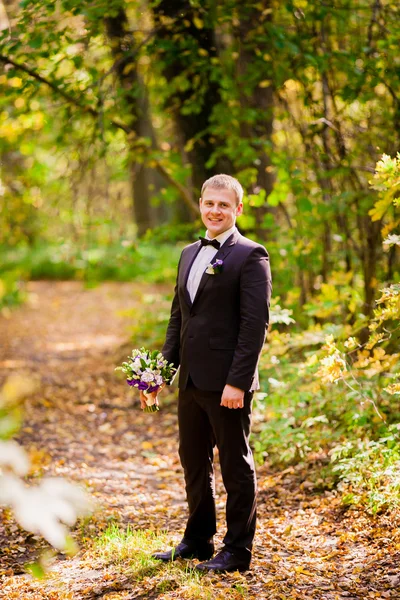 Der Bräutigam steht im herbstlichen Wald vor einem Hintergrund aus gelben Blättern — Stockfoto