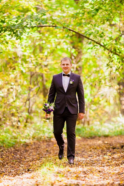 Der Bräutigam geht im herbstlichen Wald auf einem Hintergrund aus gelben Blättern und hält einen Strauß der Braut in der Hand — Stockfoto