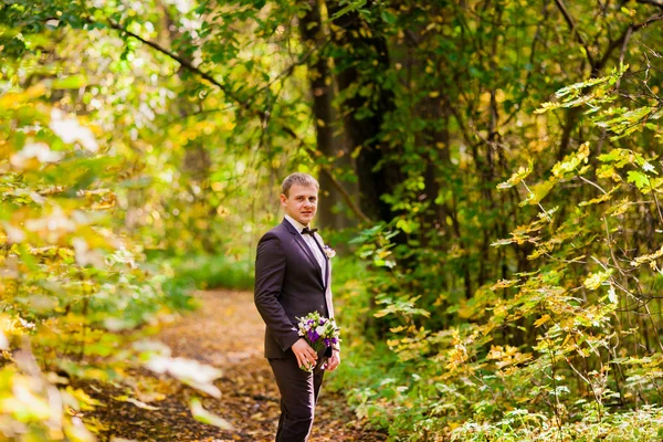 Der Bräutigam steht im herbstlichen Wald vor einem Hintergrund aus gelben Blättern — Stockfoto