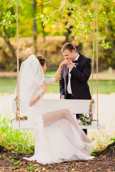 A noiva e o noivo em um balanço em um contexto da paisagem de outono — Fotografia de Stock