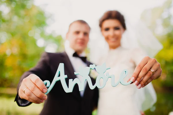 Braut und Bräutigam mit geschnitztem Holzwort vor dem Hintergrund der Herbstlandschaft — Stockfoto