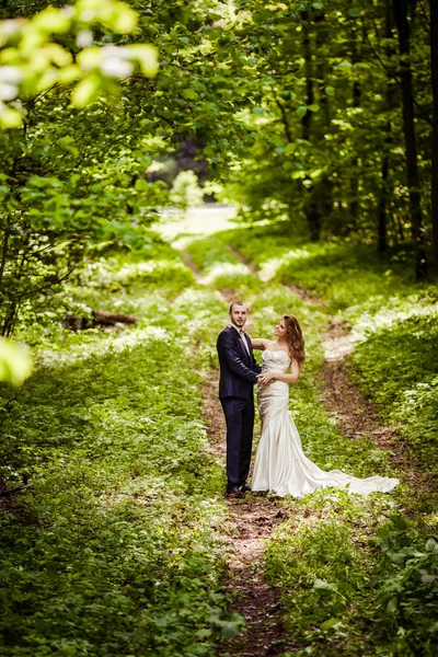 Bräutigam und Braut im Mai im Frühling Wald — Stockfoto
