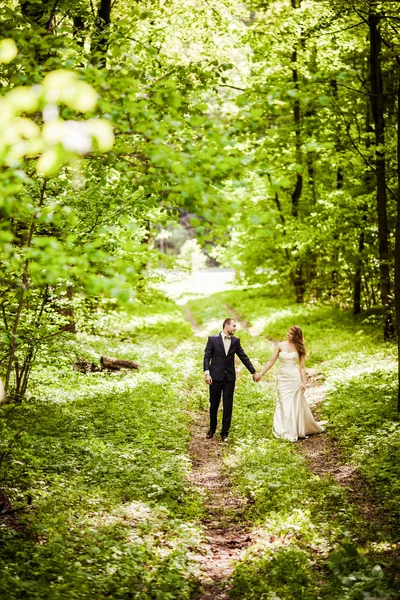 Bräutigam und Braut im Mai im Frühling Wald — Stockfoto