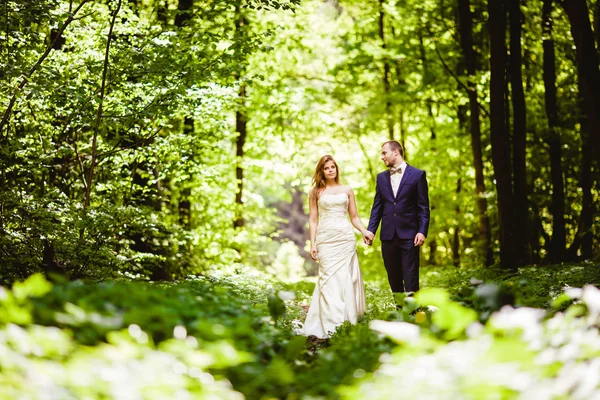 Bruidegom en bruid in mei in het voorjaar forest — Stockfoto