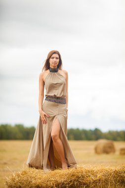 Genç güzel kız haystack ayakta