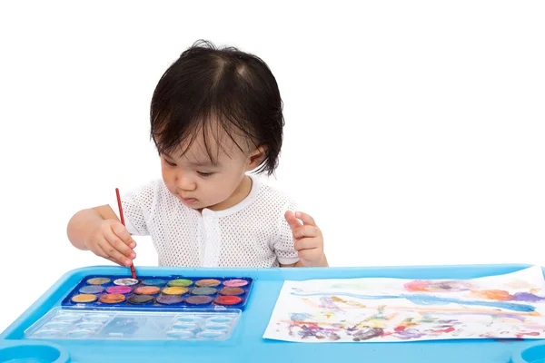Asiatiska liten kinesisk flicka måla med akvarell — Stockfoto