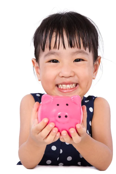 Asiática poco china chica holding piggy banco — Foto de Stock