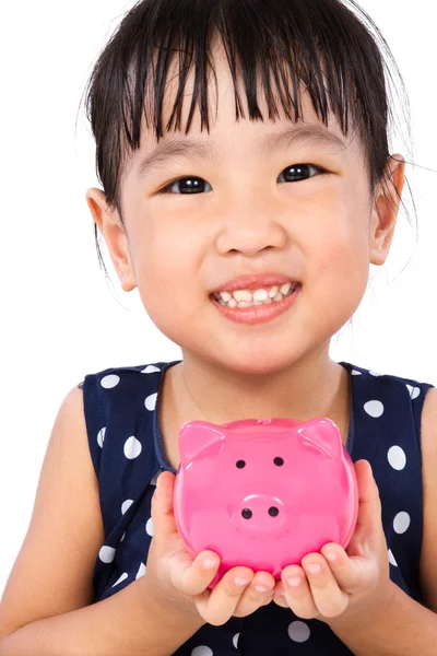 Asiática poco china chica holding piggy banco — Foto de Stock