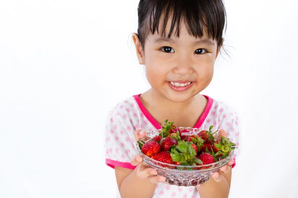 Asian Little Chinese Girl Holding Strawberry — Stock Photo, Image