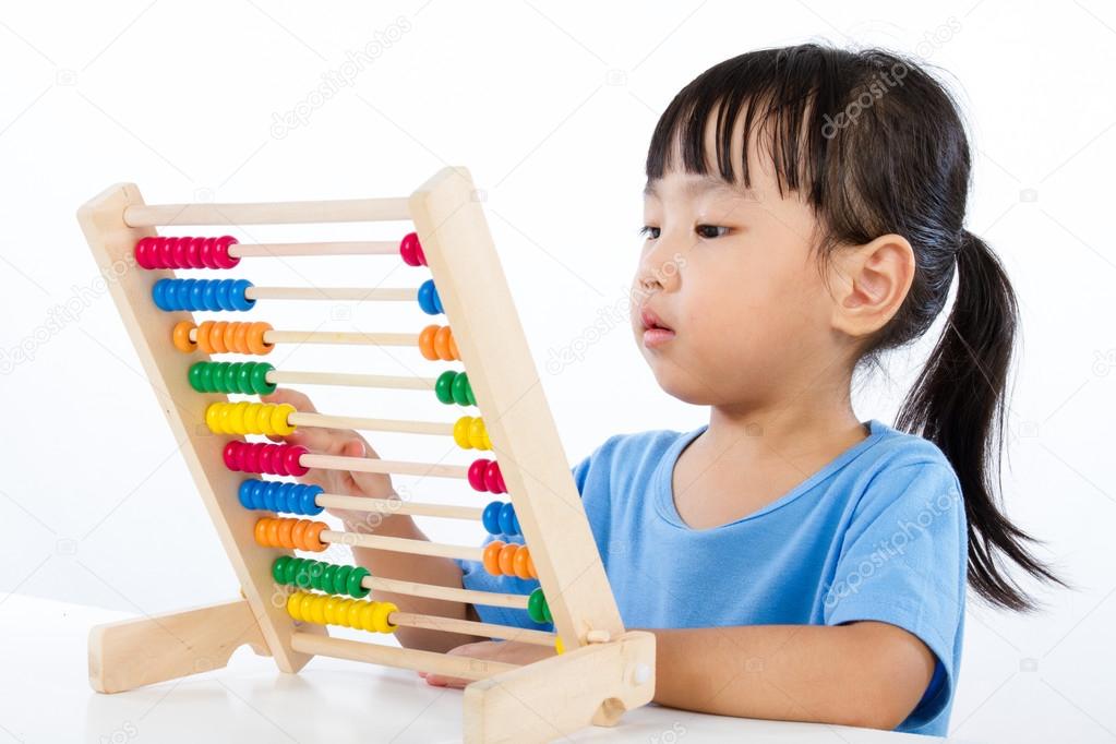 Asian Little Chinese Girl Playing Colorful Abacus