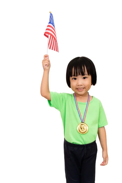 Asian Little Chinese Girl Smiles with a Flag and Gold Medal — Stock Photo, Image