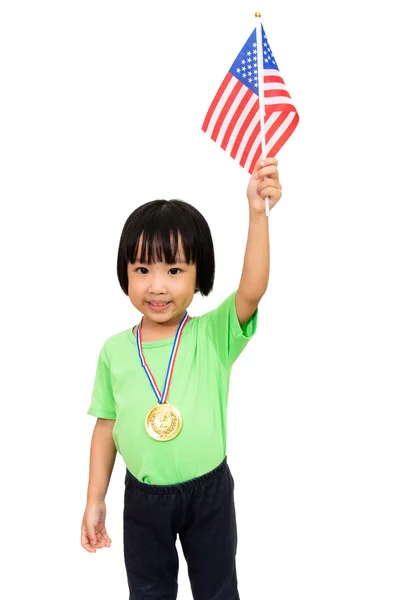 Asian Little Chinese Girl Smiles with a Flag and Gold Medal — Stock Photo, Image