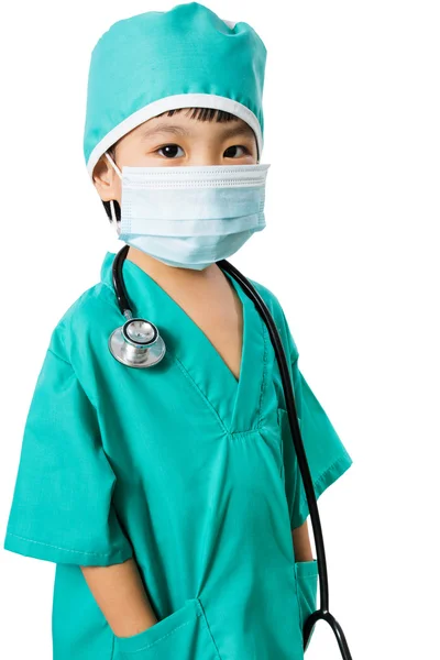 Asijské holčička čínských hrál doktora s maskou a Stethos — Stock fotografie