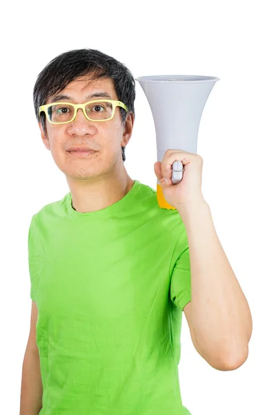 Asian Chinese Man Holding a Megaphone — Stock Photo, Image