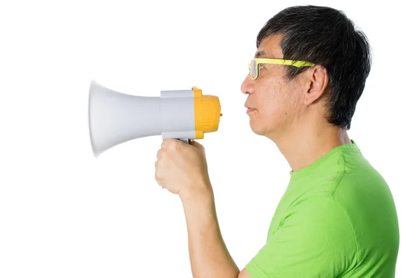 Asian Chinese Man Holding a Megaphone — Stock Photo, Image