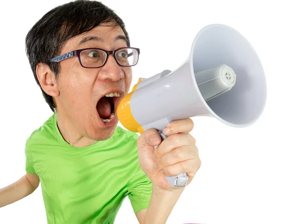 Asian Chinese Man Shouting with a Megaphone — Stock Photo, Image