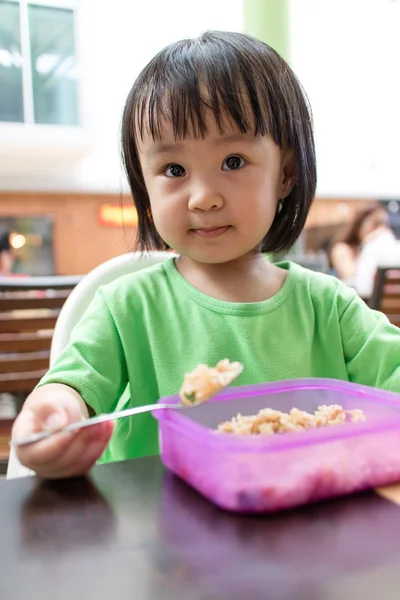Asian Little Chinese Girl Eating Fried Rice — Stock Photo, Image