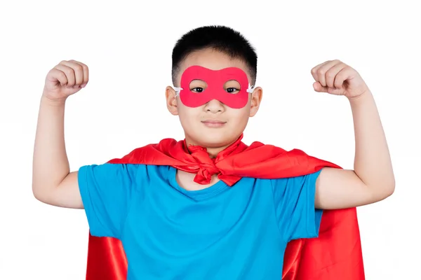 Asiático chino chico usando super héroe traje mostrando músculo — Foto de Stock