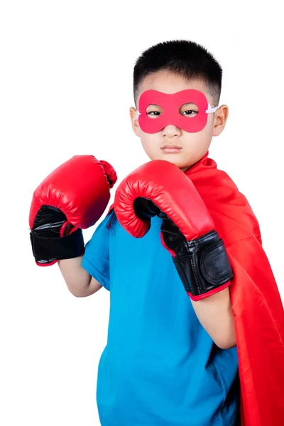 Asiático chino chico usando super héroe traje con boxeo guantes —  Fotos de Stock