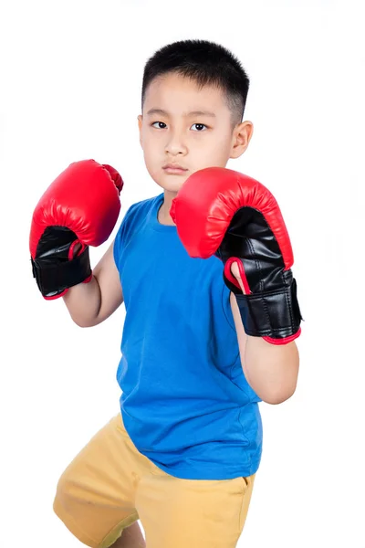 Asiático chino chico usando boxeo guantes — Foto de Stock