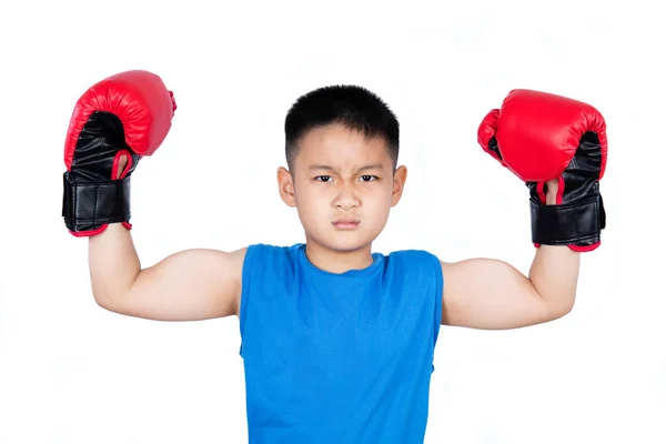 Asiatischer chinesischer Junge trägt Boxhandschuhe mit Sieg — Stockfoto