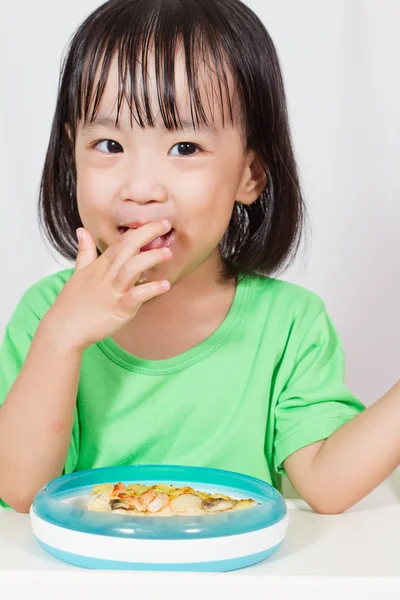 Little Asain Chinese Eating Pizza — Stock Photo, Image