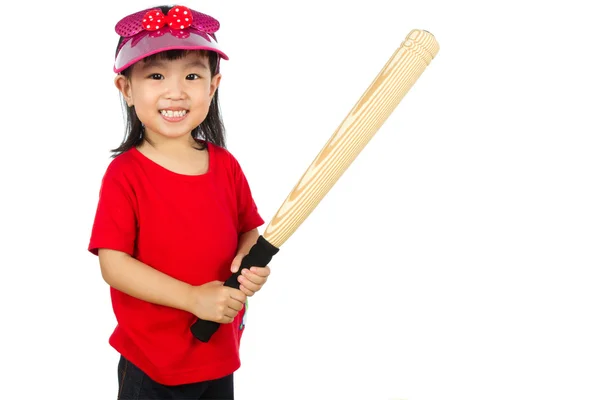Chino niña sosteniendo béisbol bat — Foto de Stock