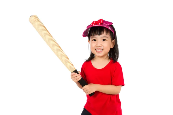 Chino niña sosteniendo béisbol bat — Foto de Stock