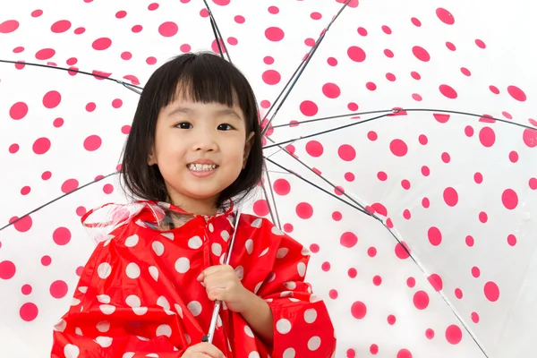 Chinese Little Girl Holding umbrella with raincoat