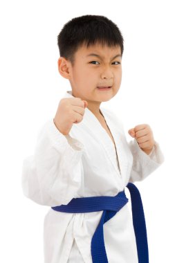 Asyalı küçük Karate çocuk beyaz Kimono içinde