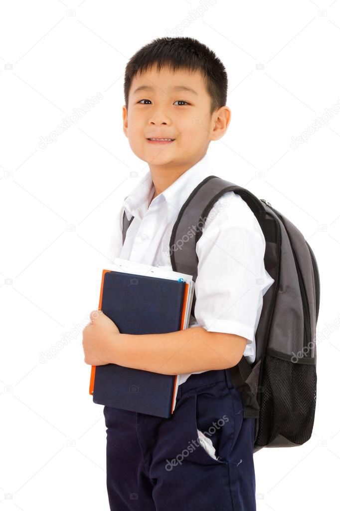 Asian Little School Boy Holding Books with Backpack on White Bac