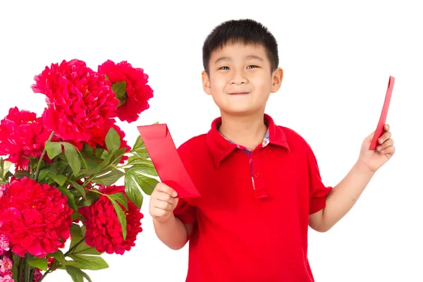 Asian Little Boy Holding a Red Envelope — Stock Photo, Image