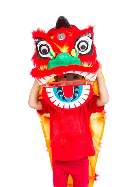 Asiática niña en chino león Custome danza durante china n —  Fotos de Stock