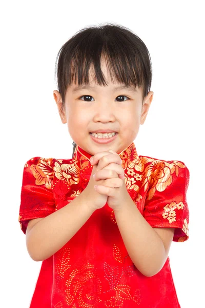 Dilek sen mutlu çene yeni yıl tebrik ile Asyalı küçük kız — Stok fotoğraf