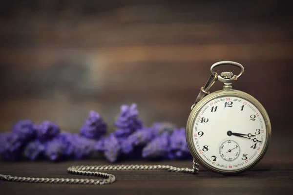 Fathers Day card with vintage pocket watch on wooden background