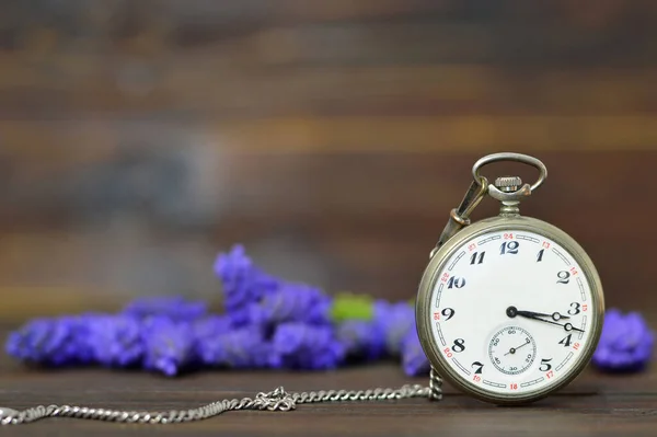 Relógio Bolso Vintage Flores Jacinto Uva Fundo Madeira — Fotografia de Stock