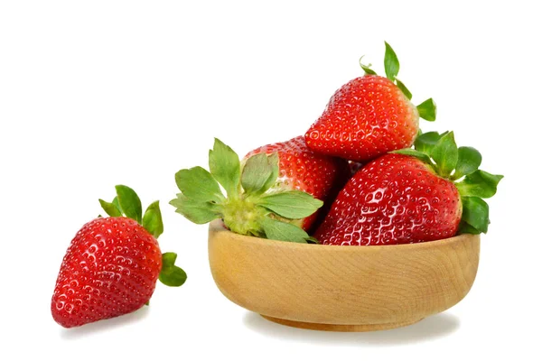 Strawberries Wooden Bowl Isolated White Background — Stock Photo, Image