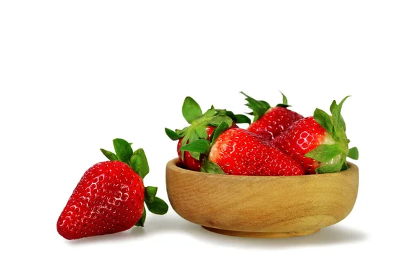 Fresh Strawberries Wooden Bowl Isolated White Background — Stock Photo, Image