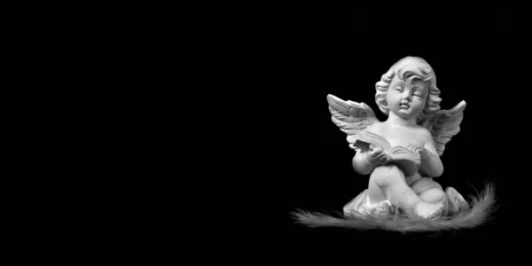 Angel Sitting Reading Book Isolated Black Background — Stock Photo, Image