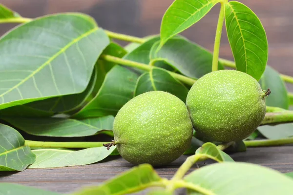 Unripe Walnuts Wooden Background — Stock Photo, Image