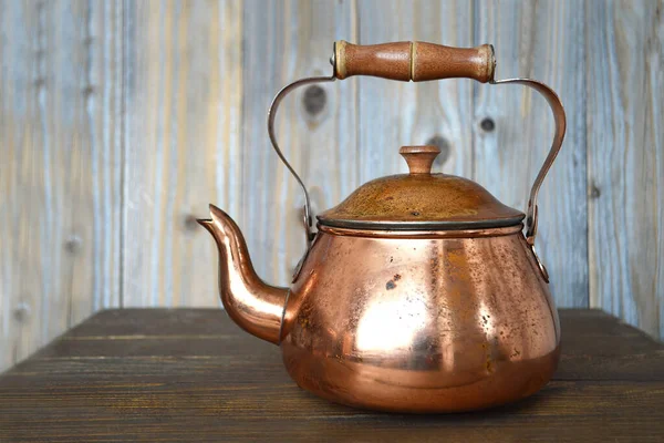 Old Copper Teapot Wooden Background — Stock Photo, Image