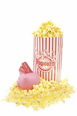 piggy bank with box of popcorn